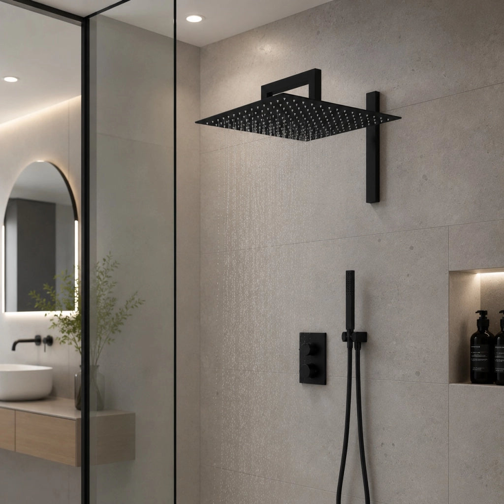 Soffione Doccia Per Bagno Ultra Slim Moderno Quadrato 25x25 cm Nero 1/2" 87883