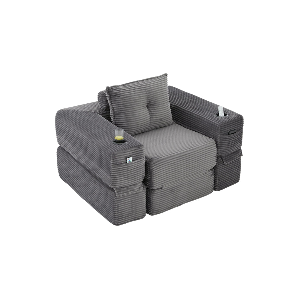 Divano convertibile in corduroy con tasche laterali e portabicchieri schienale in memory foam grigio scuro 122 × 98 × 80 cm