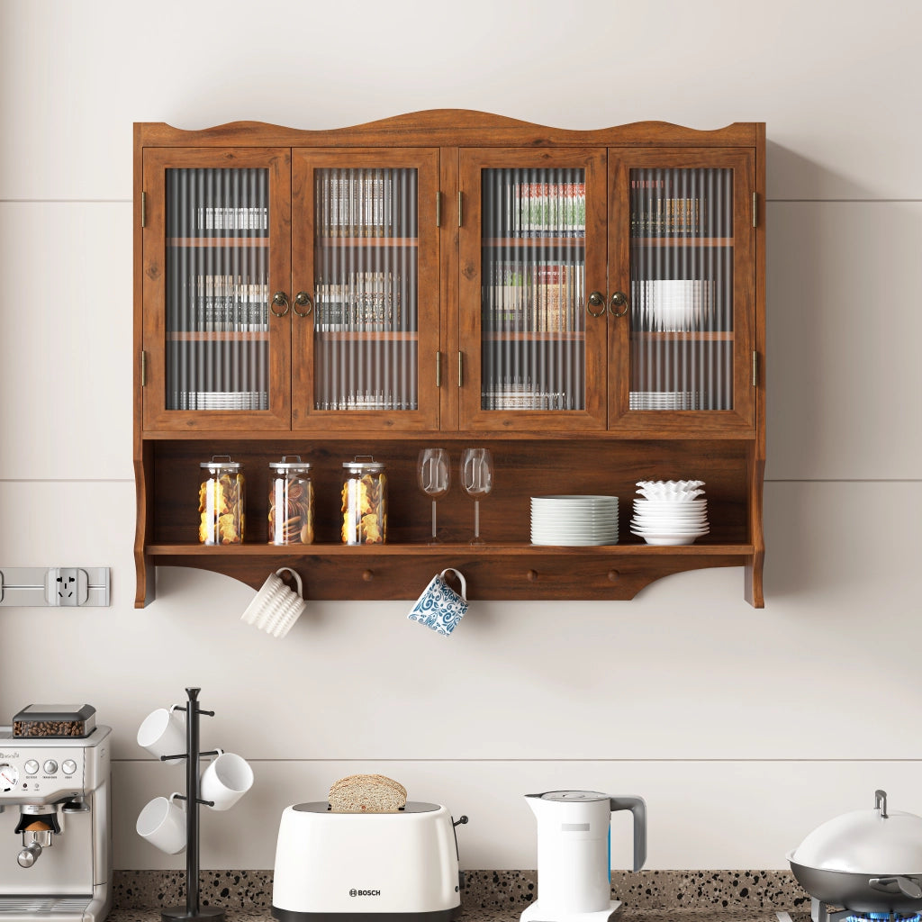Pensile da Parete con 4 Ante e Ripiani Rimovibili; con Barra Porta Ganci; Stile Retrò; in Legno Massello e Vetro; 100×20×80 cm; Marrone