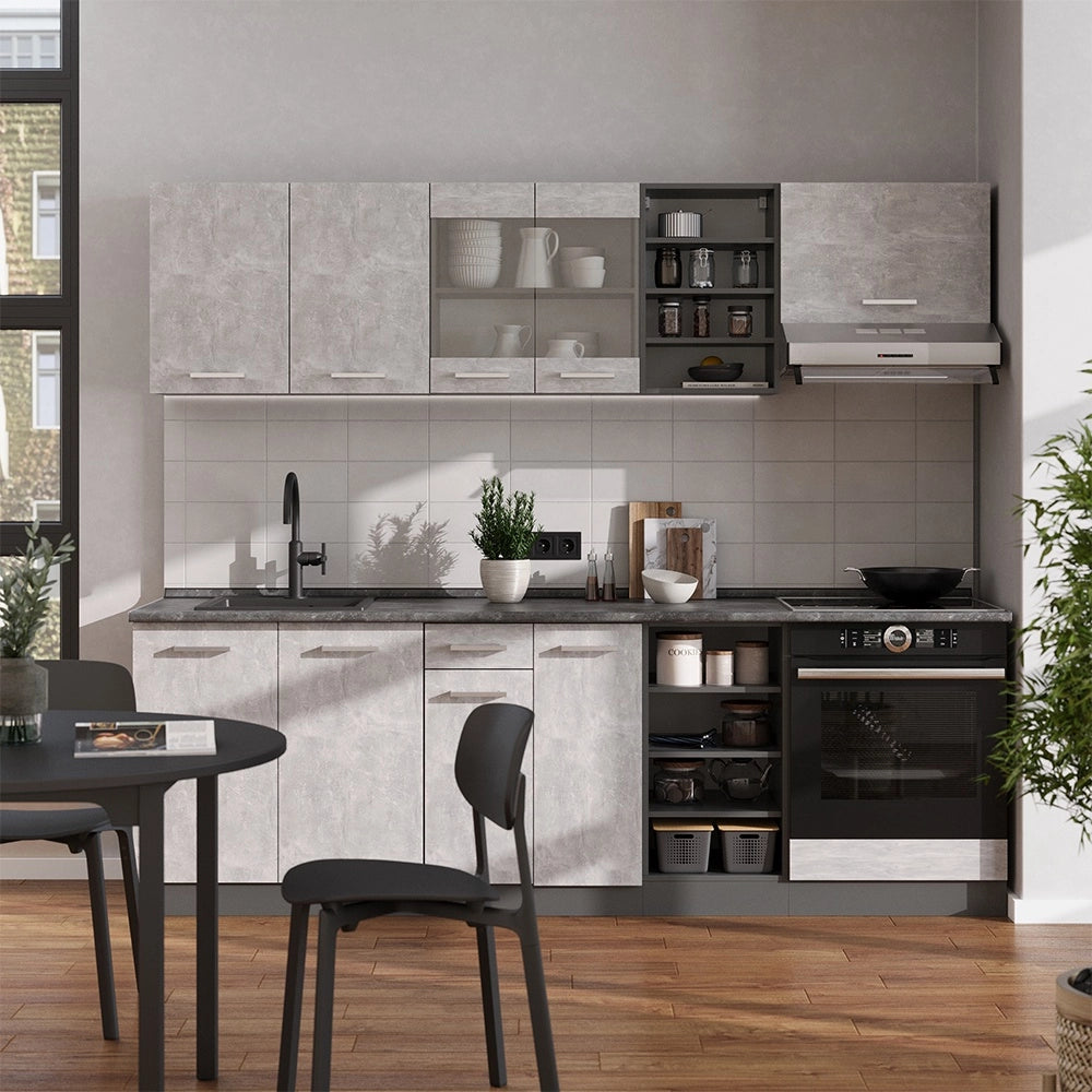 Cucina componibile R-Line Calcestruzzo/Antracite 240 cm senza piano di lavoro Vicco