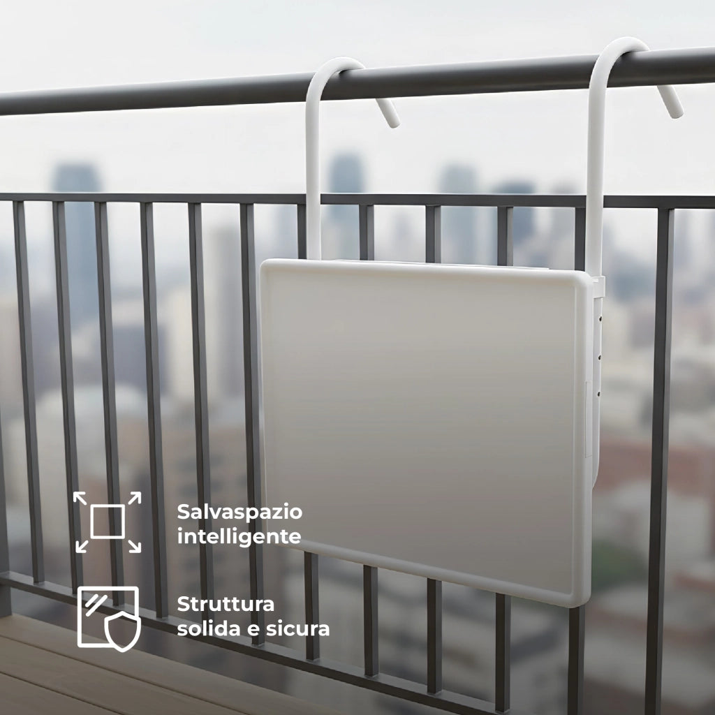 Tavolo da Balcone Pieghevole da Ringhiera 53x40 cm – Tavolino Salvaspazio Regolabile per Esterni, Struttura in Metallo Resistente,Altezza Regolabile per Ringhiera Terrazzo, Giardino e Appartamento  Bianco