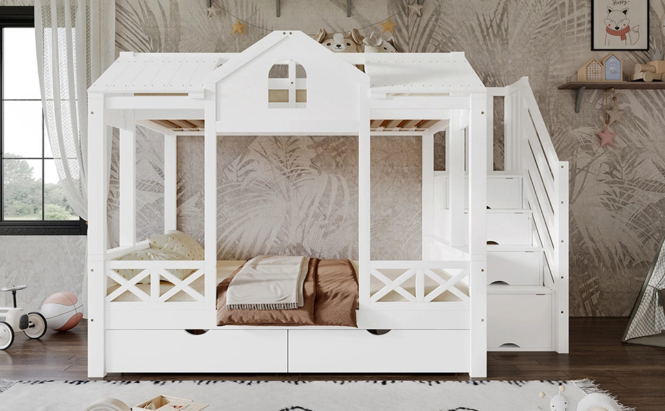 DESMIU Letto a castello per bambini 90 × 200 cm e 140 × 200 cm 2 posti con 2 cassetti, senza materasso, bianco