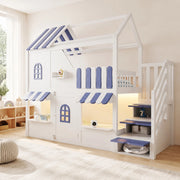 Letto a castello per bambini 90x200 cm a forma di casetta; con LED; ripiani; bianco e blu