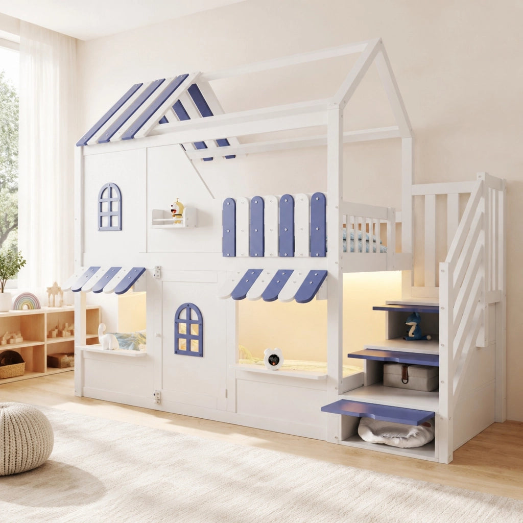 Letto a castello per bambini 90x200 cm a forma di casetta; con LED; ripiani; bianco e blu