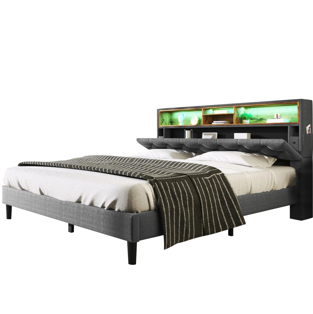 Letto 140x200 cm con testiera portaoggetti e LED; grigio