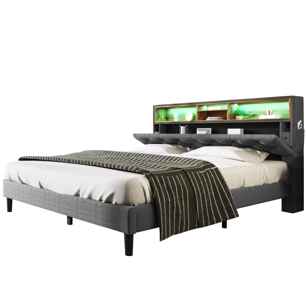 Letto 140x200 cm con testiera portaoggetti e LED; grigio