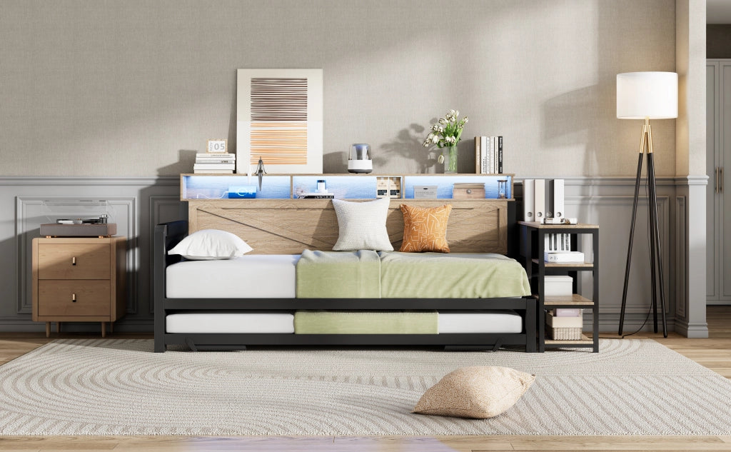 Divano letto in metallo 90x200 nero, letto estraibile regolabile, letto con 3 cassetti, LED e USB