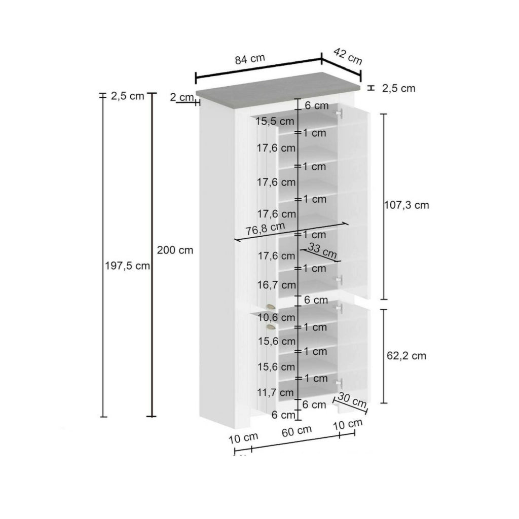 Scarpiera Shirley, Porta scarpe salvaspazio a 4 ante, Armadio multifunzione da ingresso, 84x42h200 cm, Bianco e Ardesia