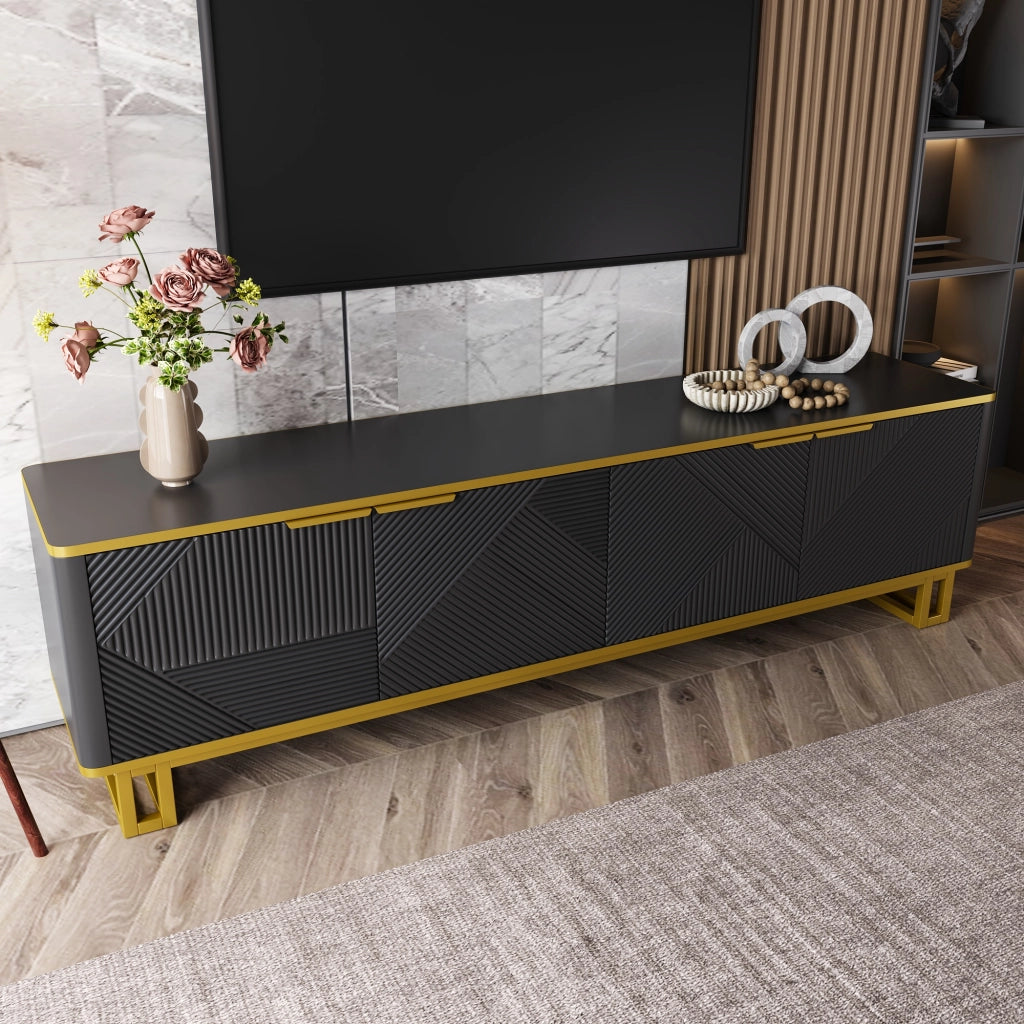 Mobile porta TV geometrico a quattro ante in MDF nero e oro con passacavi, 160 × 37,5 × 48 cm
