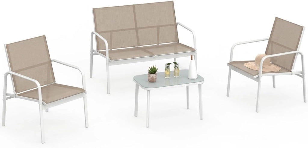 Set di mobili da Giardino Basso a 4 posti TOLEDE con Divano, poltrone e Tavolo in Bianco e Beige