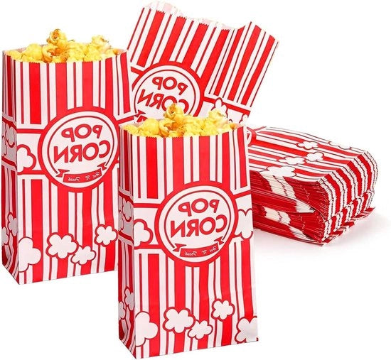 Pacchetti di carta per popcorn da 100 - 21 x 9 cm - Striscia rossa e bianca - Per popcorn, stuzzichini e feste di dolci