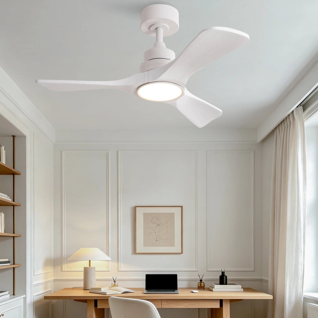 Ventilatore da soffitto bianco puro 36 pollici, 3 pale ad elica rinforzate in legno massello, motore DC reversibile silenzioso, design moderno