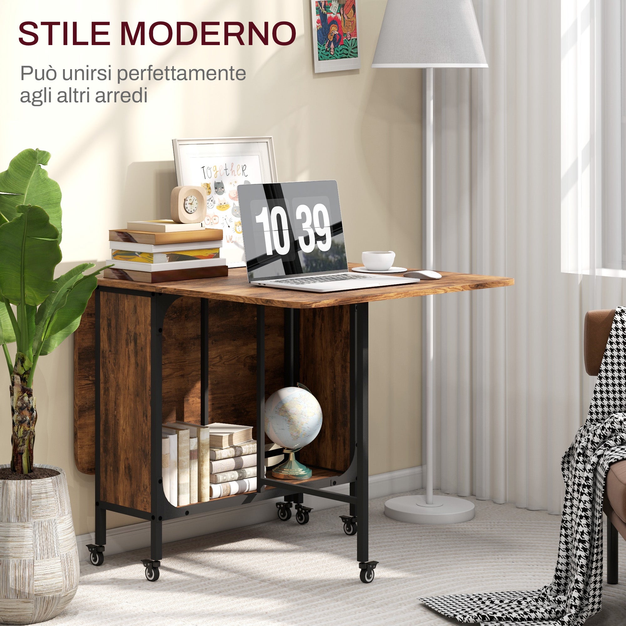 Tavolo Pieghevole 6 Ruote e Mensola 130x80x74 cm in Legno e Metallo Marrone Rustico