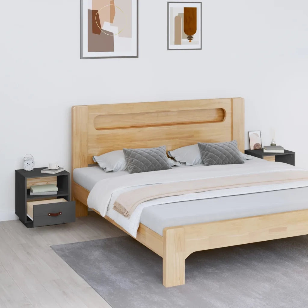 Set di 2 Comodini | Armadio da Notte | Mobiletto da notte Grigi 40x34x45 cm in Legno Massello di Pino