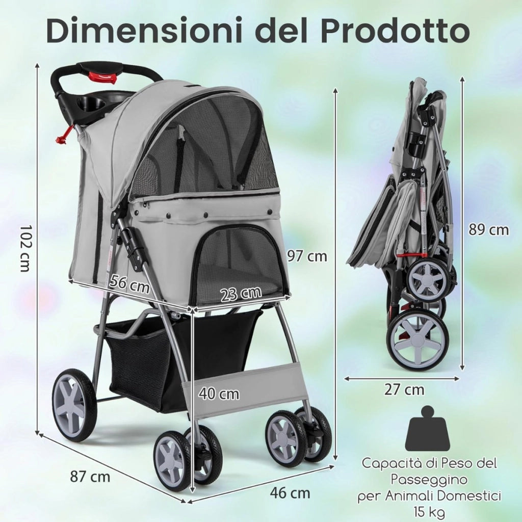 Passeggino per animali domestici a 4 ruote, Trasportino portatile con cestino e finestra a rete Grigio-Giochi e accessori per cani
