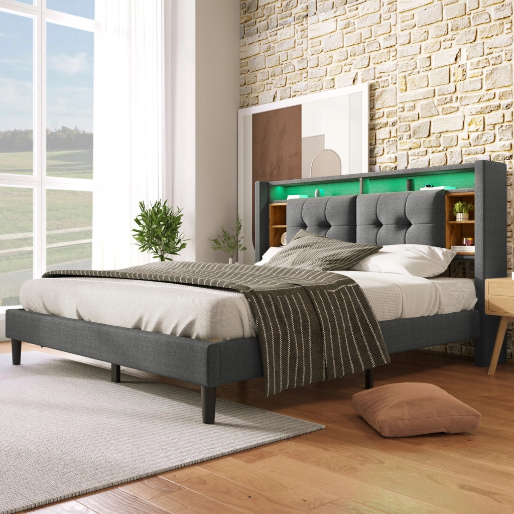 Letto imbottito 160x200 grigio - Xylo - con USB e LED