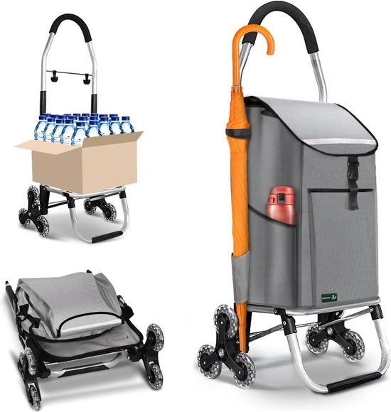 Carrello per spesa 6 ruote in alluminio con contenitore impermeabile e ganci - carrello per spesa pieghevole - grigio