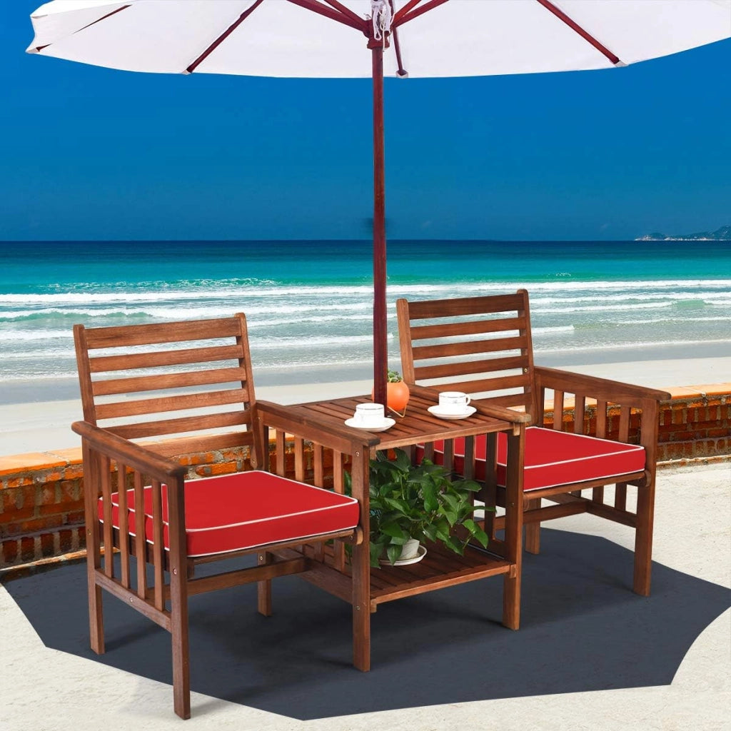 Set di sedie e tavolo in legno di acacia per esterni con foro per ombrello da 5cm, Set di mobili a 2 posti Rosso-Set mobili da esterno