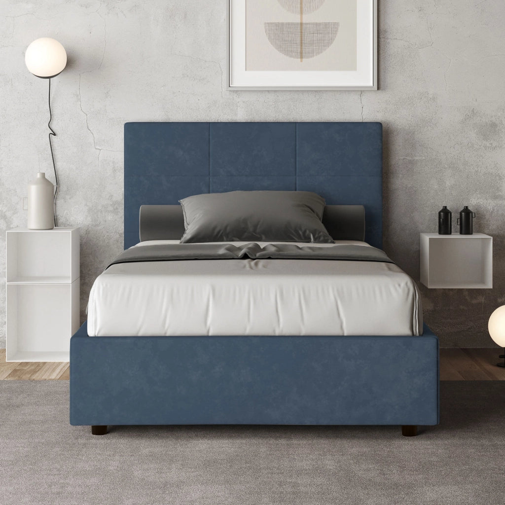BS COM Letto una piazza e mezza senza rete imbottito 120x190 microfibra blu