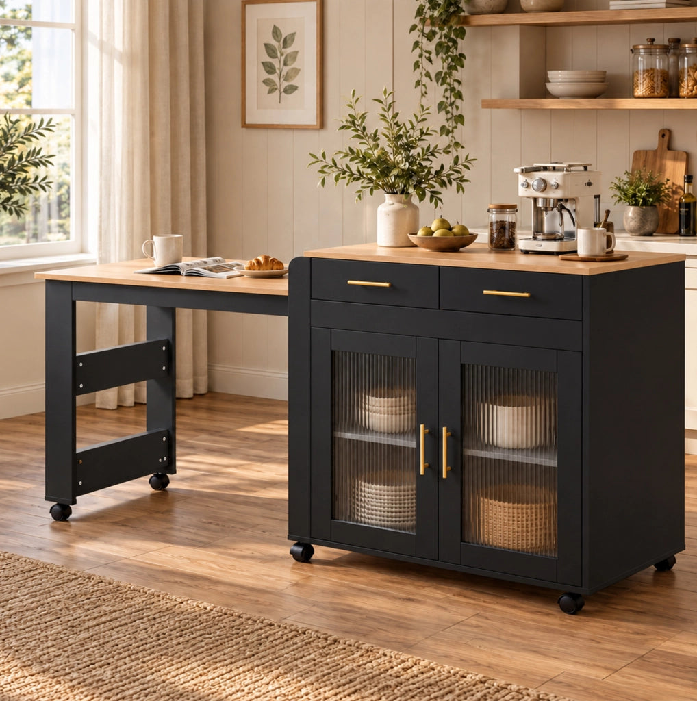 Isola da cucina con piano estraibile 116/177 cm; prese EU e porte USB; nero