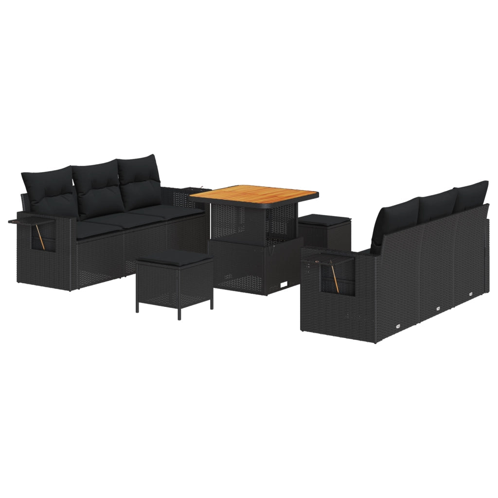 Set di divani da giardino  9 pezzi con cuscini Nero Polyrattan Acacia