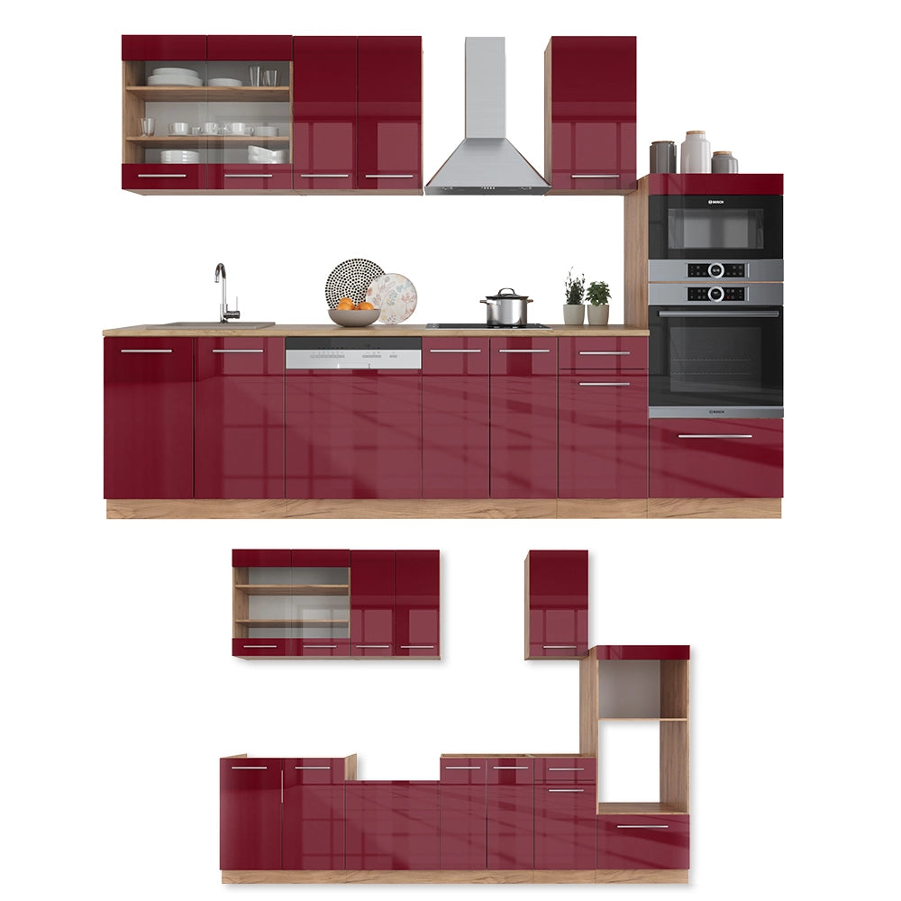 Cucina componibile Fame-Line Bordeaux lucido/Rovere dorato 300 cm con armadio alto, PL Antracite Vicco