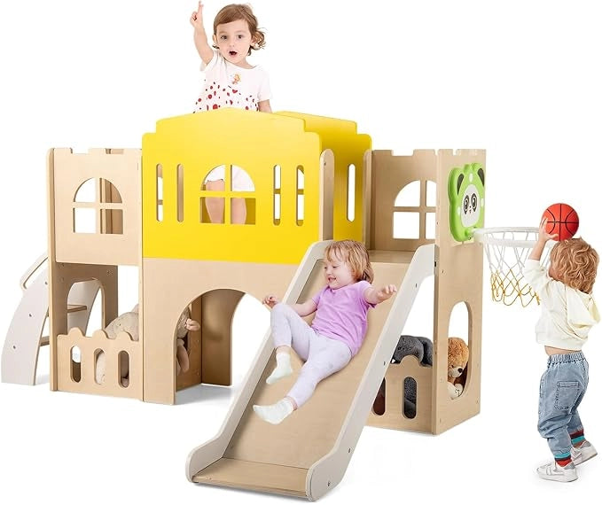 7 in 1 Set da Scivolo per Bambini, Parco Giochi in Legno Interno ed Esterno con Arrampicata Canestro da Basket Corridoio Tunnel, Forma di Castello per Bambini 3 Anni +