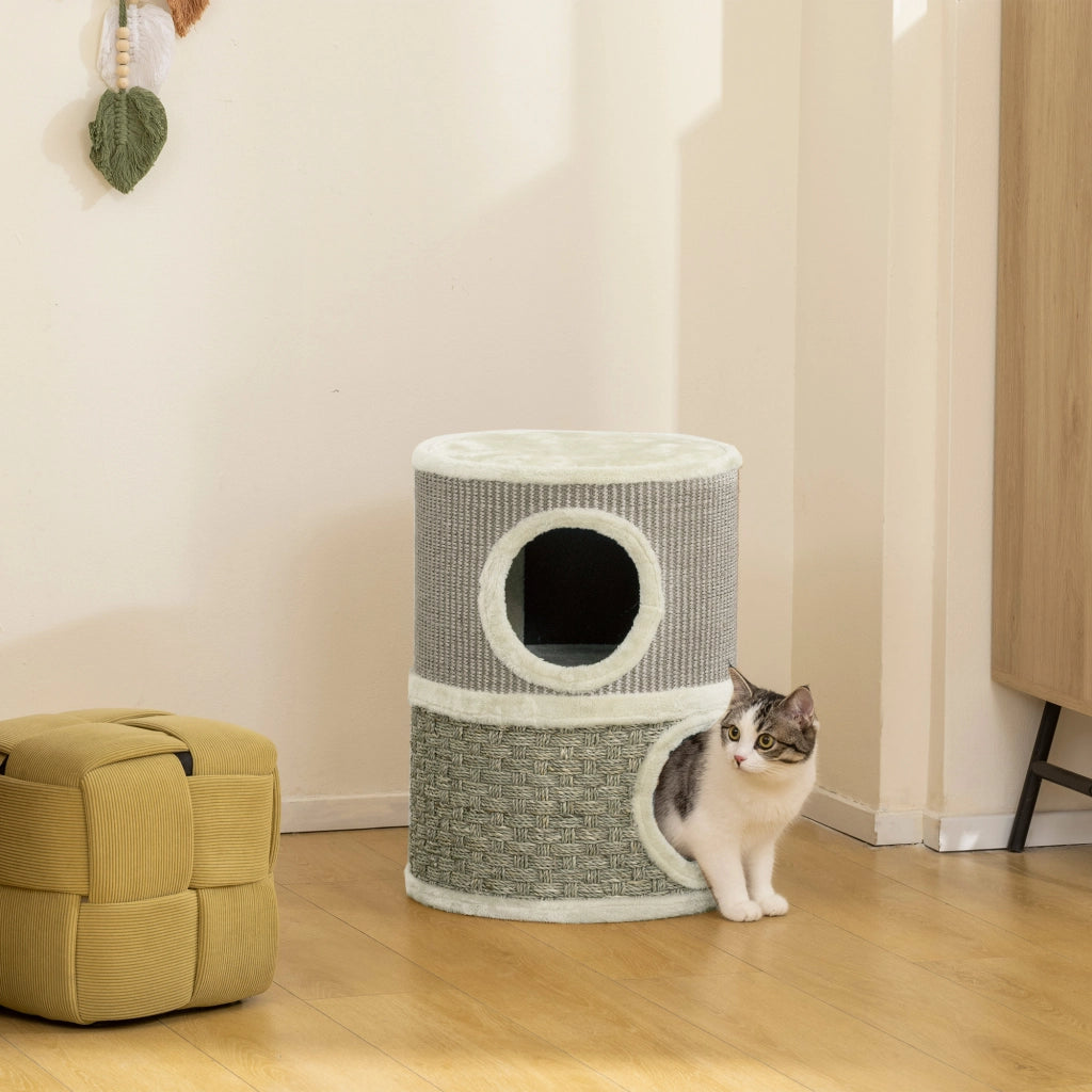 Tiragraffi a torre per gatti ¨C Xylo ¨C 49 cm, ?35,5 cm, 2 livelli con cucce e bordo in peluche