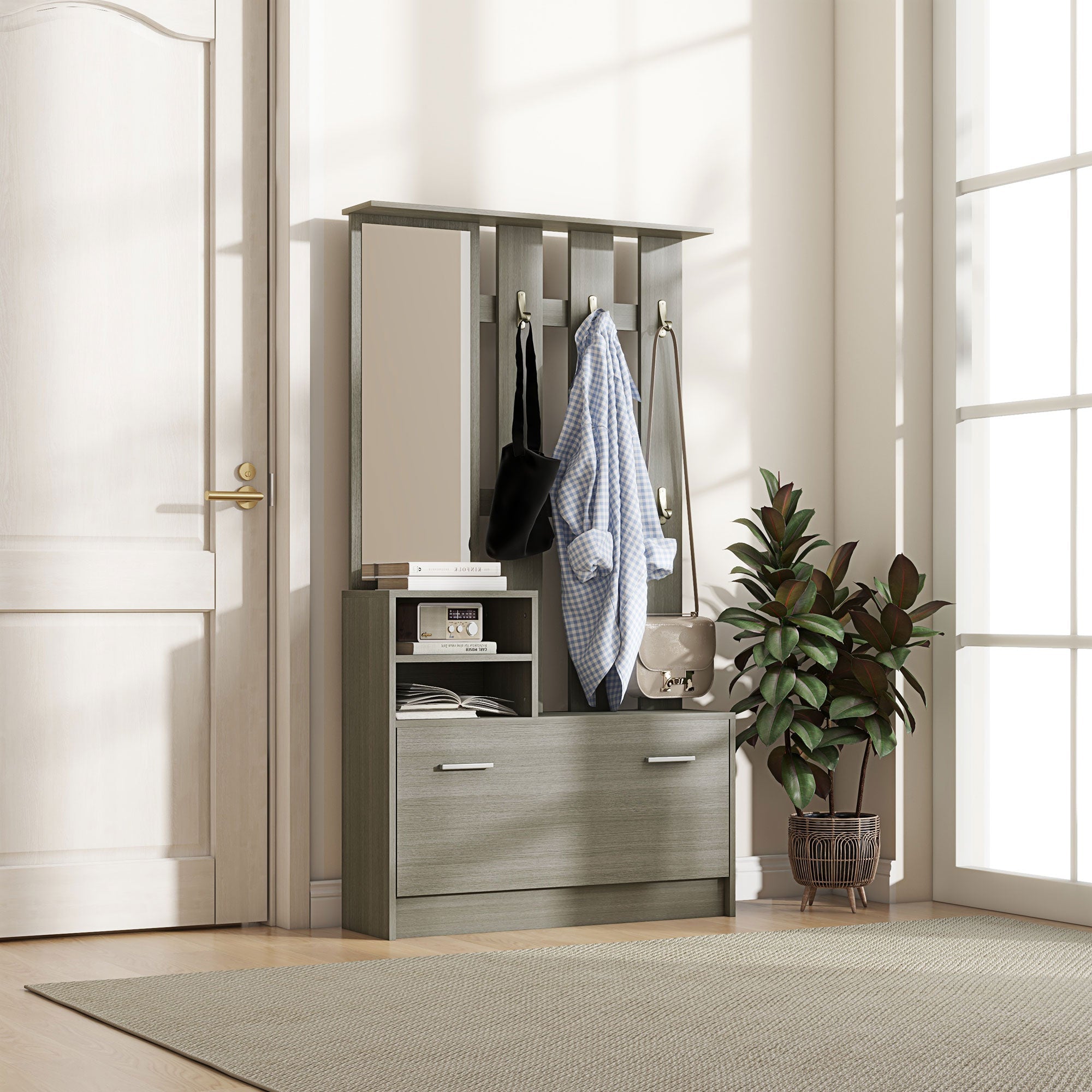 Mobile Guardaroba per Ingresso con Specchio Appendiabiti e Scarpiera Regolabile Grigio