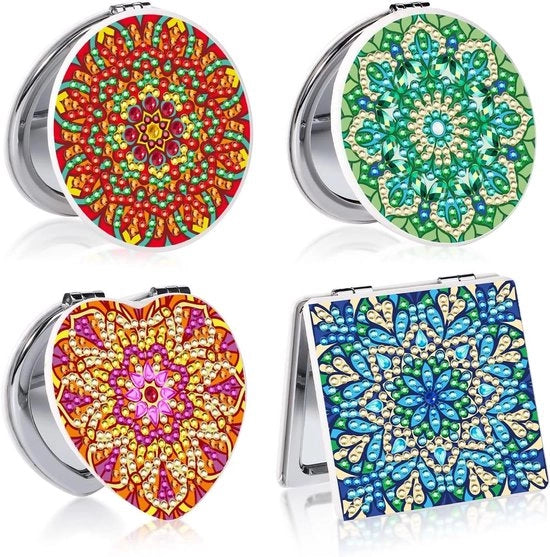 Set di 4 Specchi da Maquillage con Diamanti per Ragazze e Donne - Kit di Trucco con Specchio Opaco - Portafoglio con Specchio Riportabile - Disegno Mandala - Decorazione con Diamanti