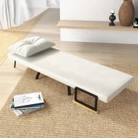 Poltrona Letto 3 in 1 con Schienale Reclinabile e Cuscino, in Tessuto Effetto Velluto, 63x73x81 cm, Crema