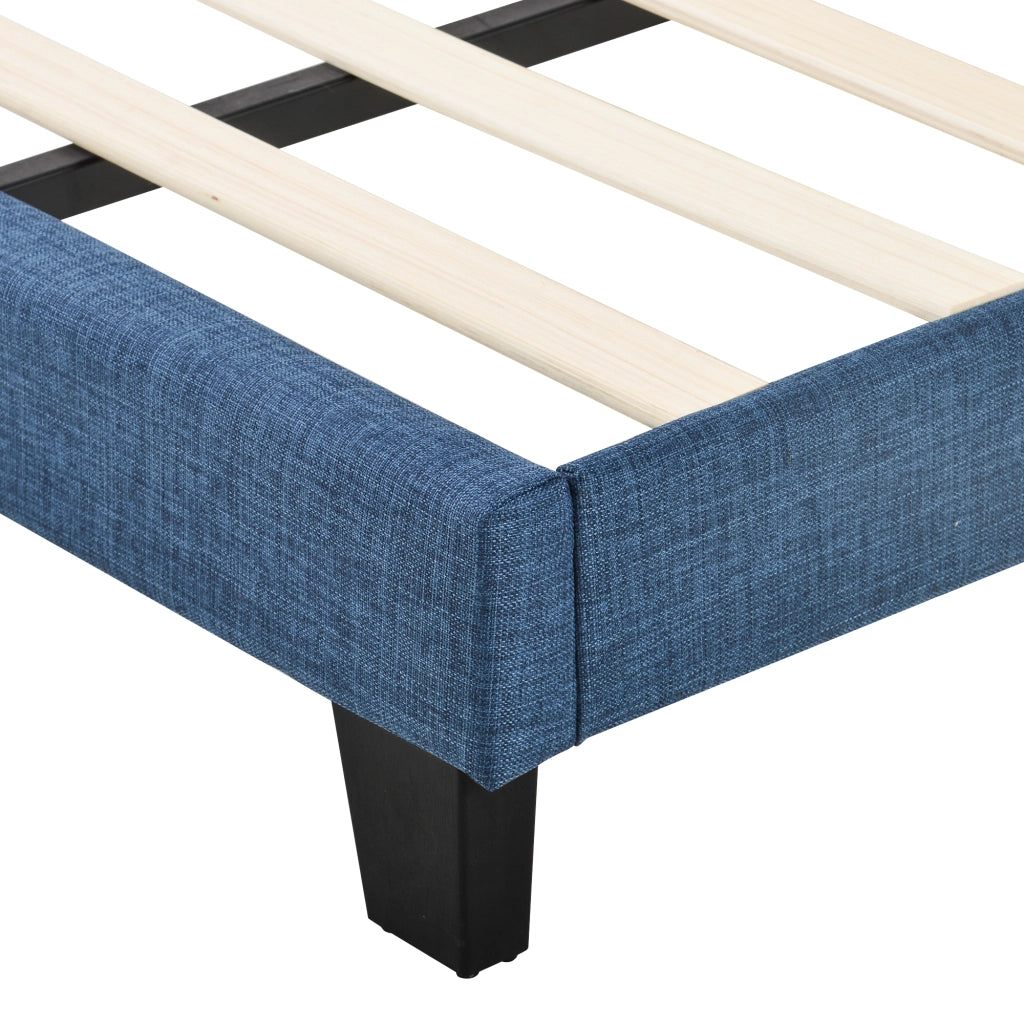 Letto Singolo 90×200 cm con Testiera Imbottita e Doghe; senza Materasso; in Lino Blu