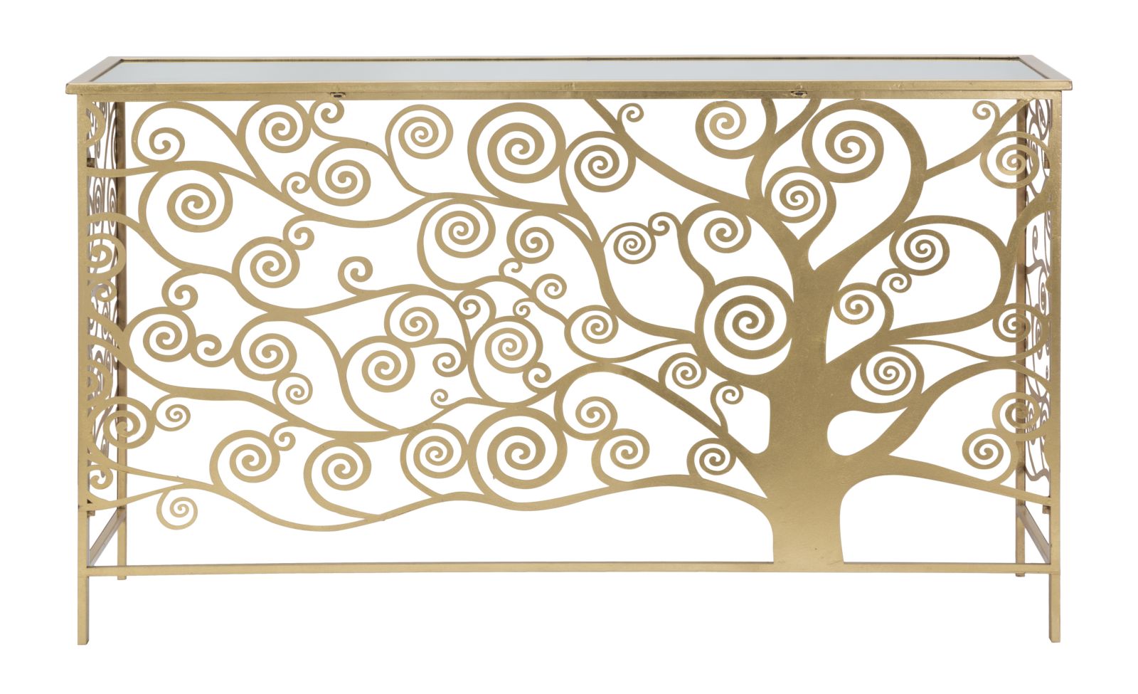 Console Albero della Vita 141,5x40,5x81,5 cm in Ferro MDF e Specchio Oro