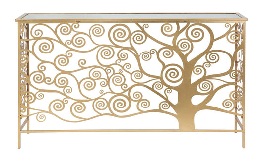 Console Albero della Vita 141,5x40,5x81,5 cm in Ferro MDF e Specchio Oro