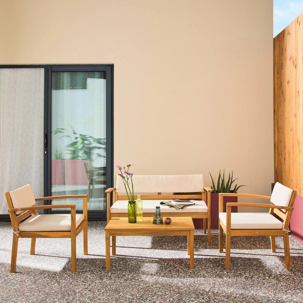 Salotto da giardino in legno di acacia, 4 posti, beige