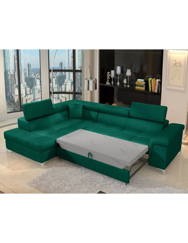Divano angolare convertibile PALAZZO 4 posti verde scuro – angolo sinistro con 1 cuscino