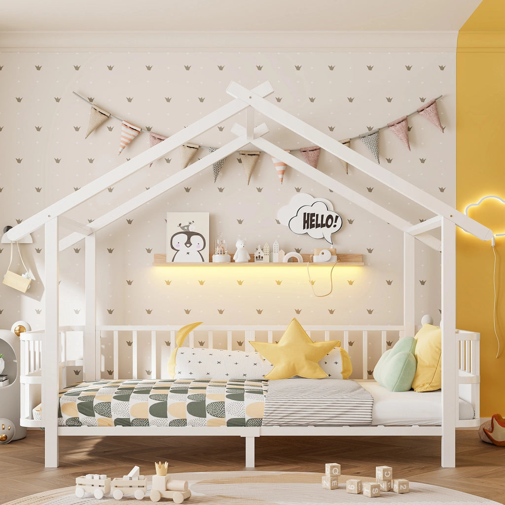 Letto per bambini 90 × 200 cm con barriera di sicurezza, struttura a casetta, sans materasso, en metallo, bianco