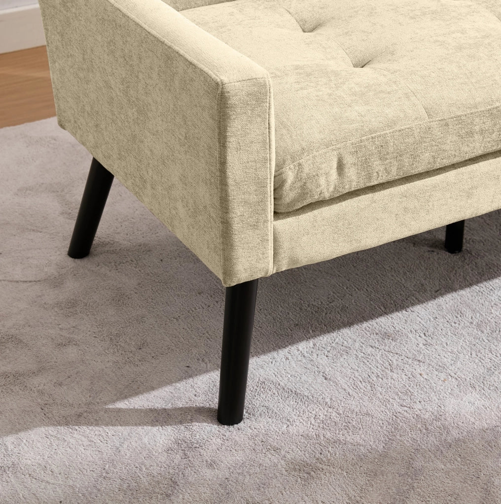 Panca imbottita 2 posti in lino beige con gambe in legno