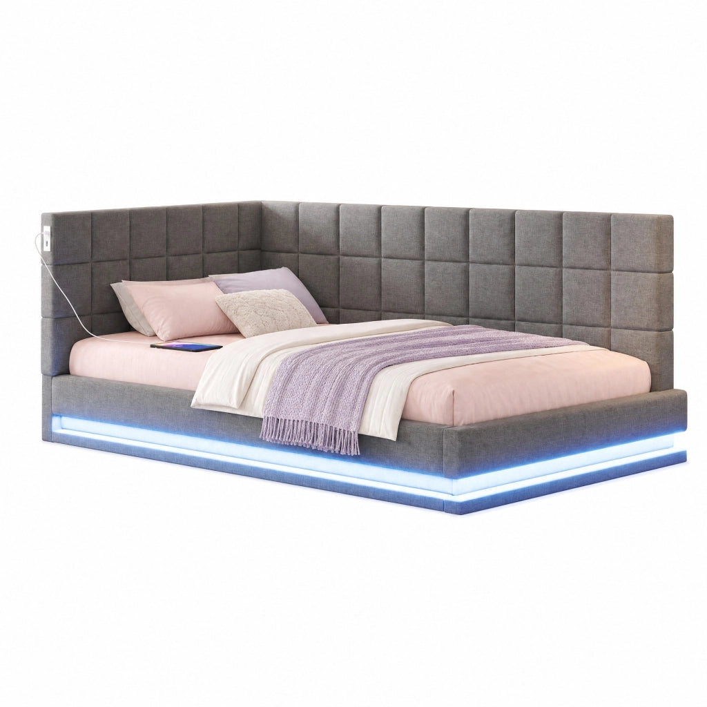Divano letto imbottito 90x200 con LED, USB e rete a doghe