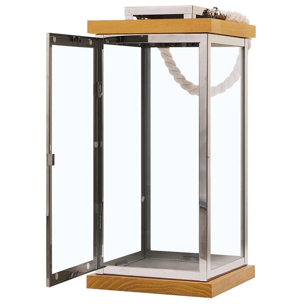 Lanterna in Legno Chiaro e Metallo Argentato H 41 cm Portacandele a Colonna con Manico in Corda