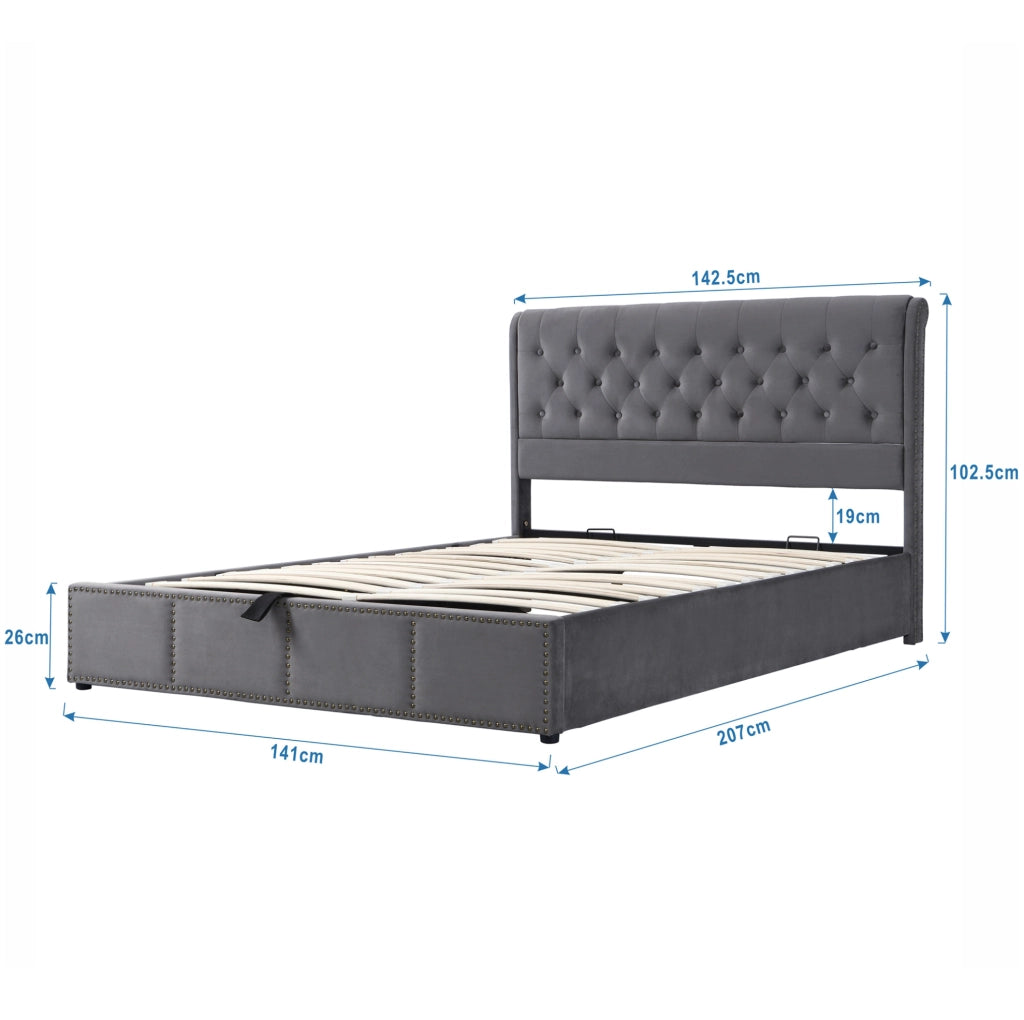 Letto imbottito 140x200 cm in velluto grigio con contenitore e rete a doghe