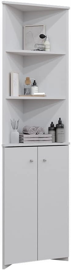 Armadio per il bagno Fynn, Bianco, 51.5 x 175 cm Armadio angolare a 2 ante, da parete per la conservazione di accessori da bagno