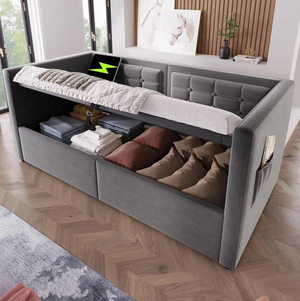 Letto singolo imbottito 90x200 con vano idraulico e USB-C