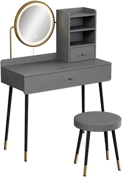 Tavolo da toeletta Mirela, Grigio, 90 cm con specchio LED e sgabello, adatto per la cura quotidiana e l'organizzazione di articoli cosmetici