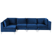 Divano componibile ad angolo versione destra in velluto blu marino a 5 posti con gambe in metallo argento stile glamour