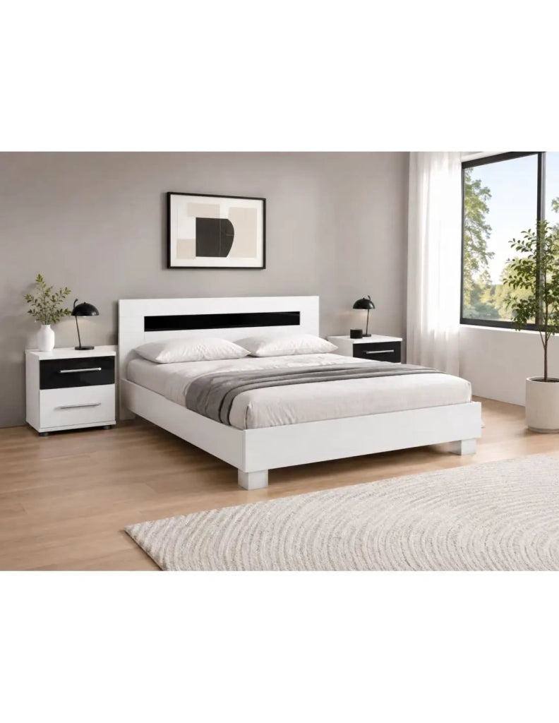 Set letto matrimoniale DUBLIN 160x200cm con doghe e 2 comodini – Bianco e nero lucido