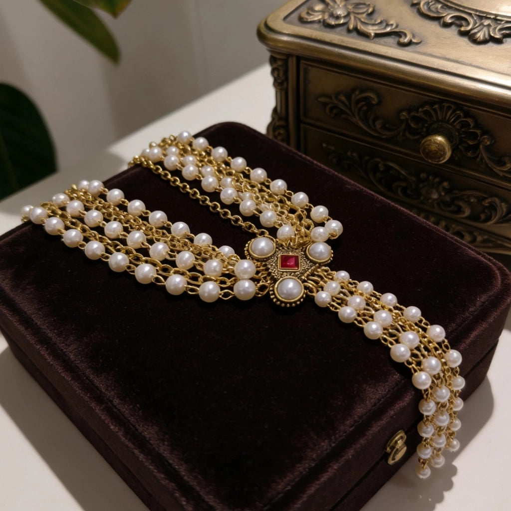 Collana vintage a pi¨´ strati con catena in metallo e perle