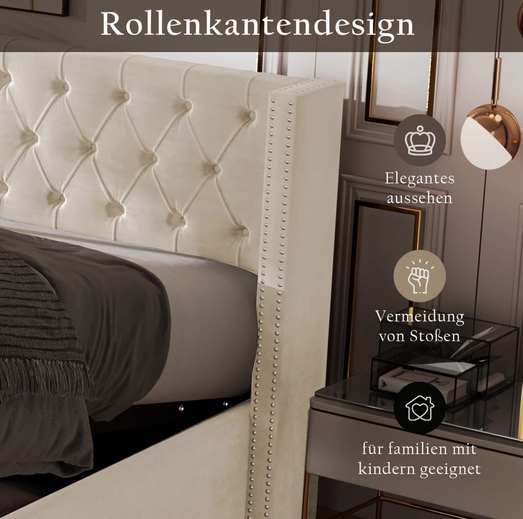 Letto matrimoniale contenitore 140x200 cm in velluto beige