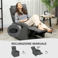 Poltrona Moderna con Reclinazione Manuale 145° max Rivestita in Ciniglia Grigia, 69x91x101 cm