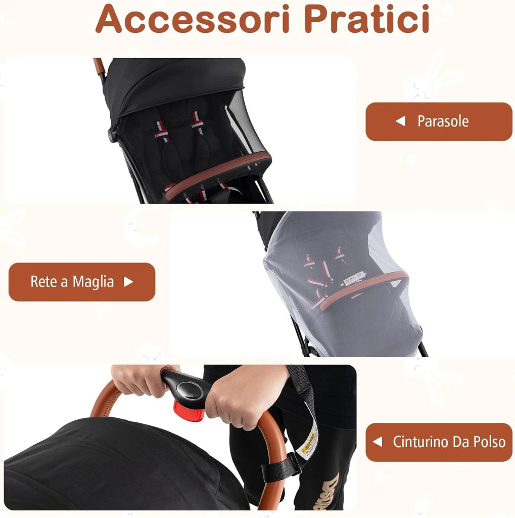 Passeggino Leggero per Bambini, con Schienale e Poggiapiedi Regolabili, Cappottina e Zanzariera, Compatto e Pieghevole, per Bambini 0-3 Anni, fino a 15 kg (Nero)